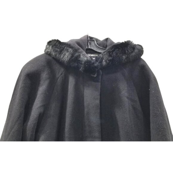DONNYBROOK Black Wool Blend Fur-Trim Hooded Cape Coat Size 8 - Picture 2 of 4